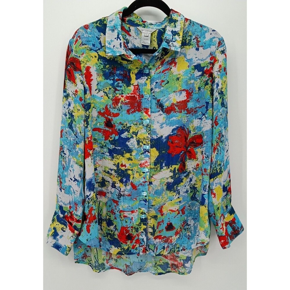 Boho Maximalist Abstract Art to Wear Blouse Avant Garde Button Accent Top Large